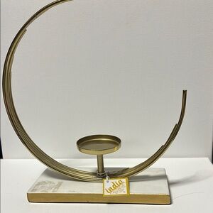Gold and White Candle Holder with Curved Design and Marble Base